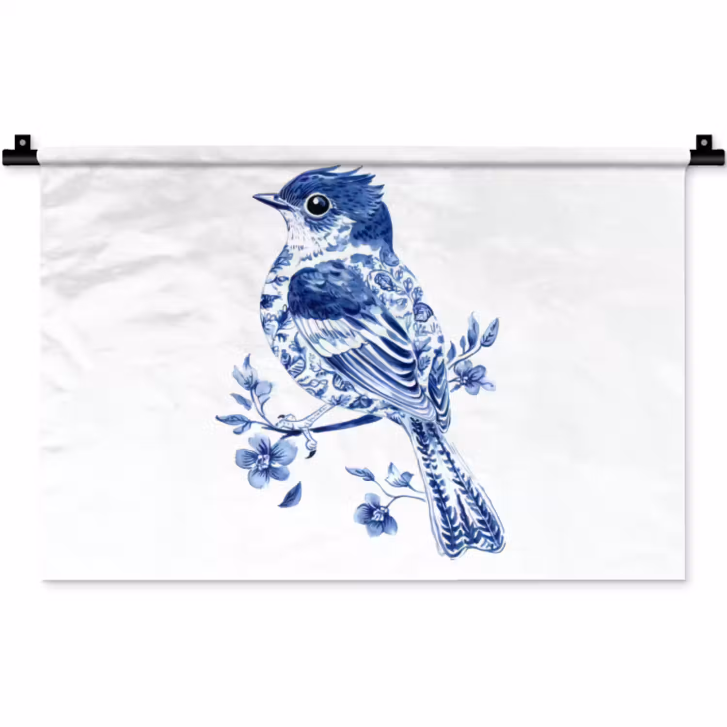 Wandkleed - Vogel - Delfts blauw - Illustratie - Bloemen