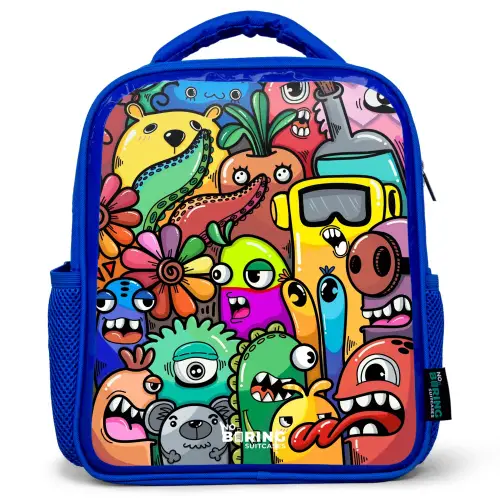 Expressief en druk patroon met monsters Kinderrugzak - Blauw middel -3d