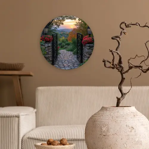 Landschap - Hek - Pad - Zonsondergang - Natuur Wandcirkel kunststof plaat 5mm dik klein -sfeer1