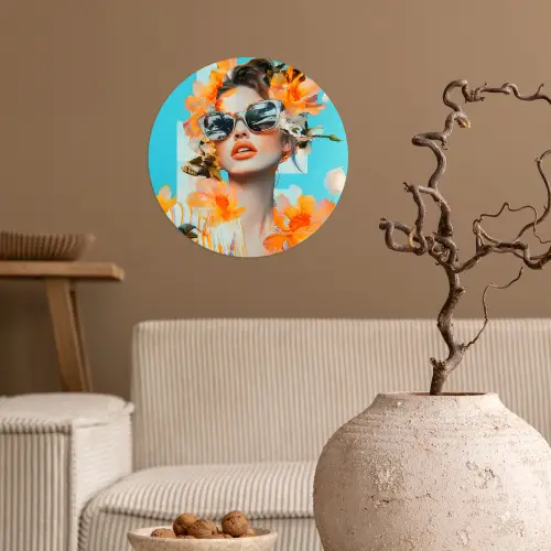 Bloemen - Vrouw - Zonnebril - Blauw Wandcirkel behangsticker klein -sfeer1