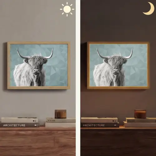 Schotse hooglander - Zwart wit - Patroon - Driehoek Light Box met batterij (Wandlamp) middel -sfeer3