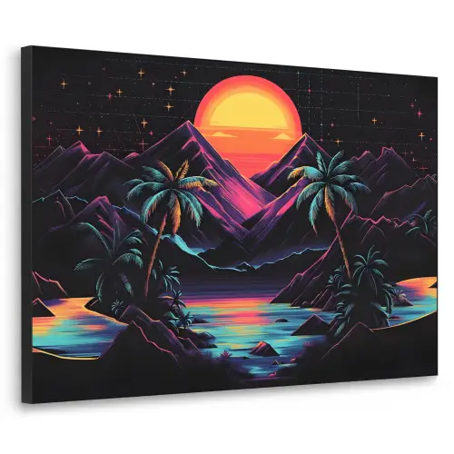 Palmbomen - Neonbergen - Sterrenhemel - Zon Textielframe zwart klein -3d