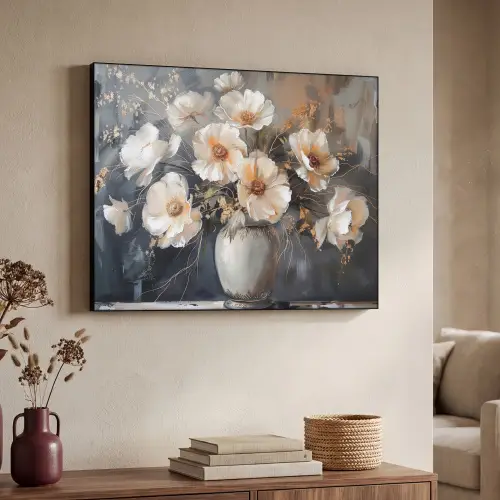 Bloemen - Wit - Vaas - Modern Textielframe zwart klein -sfeer3