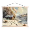 Winter - Sneeuw - Huis - Natuur textielposter latten blank klein -3d