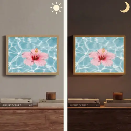 Hibiscus - Water - Roze Light Box met batterij (Wandlamp) middel -sfeer3