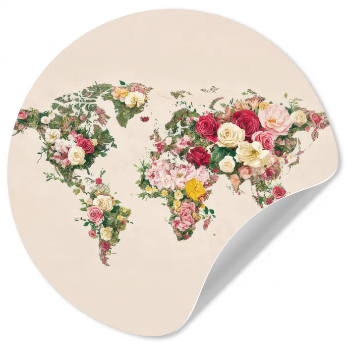 Wereldkaart - Bloemen - Roze Wandcirkel behangsticker klein -3d
