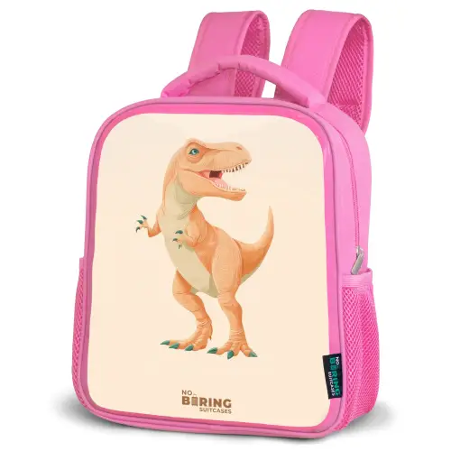 T-rex dino in oranje kleuren Kinderrugzak - Roze middel -schuin