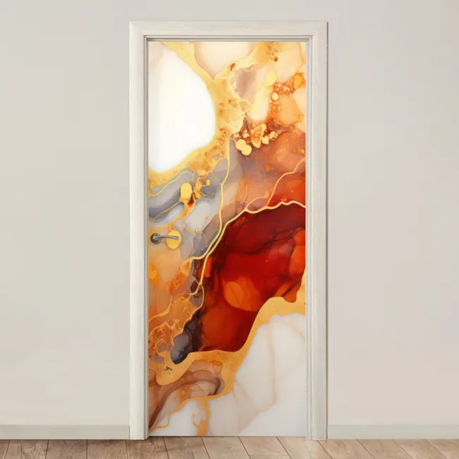 Deursticker - Marmer - Oranje - Goud - Modern - Abstract