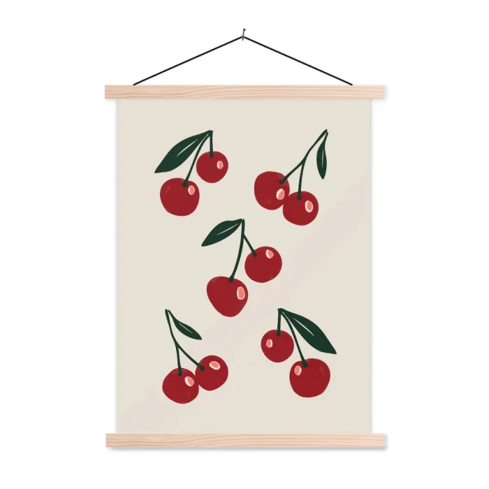 Kersen - Blaadjes - Rood textielposter latten blank klein -3d