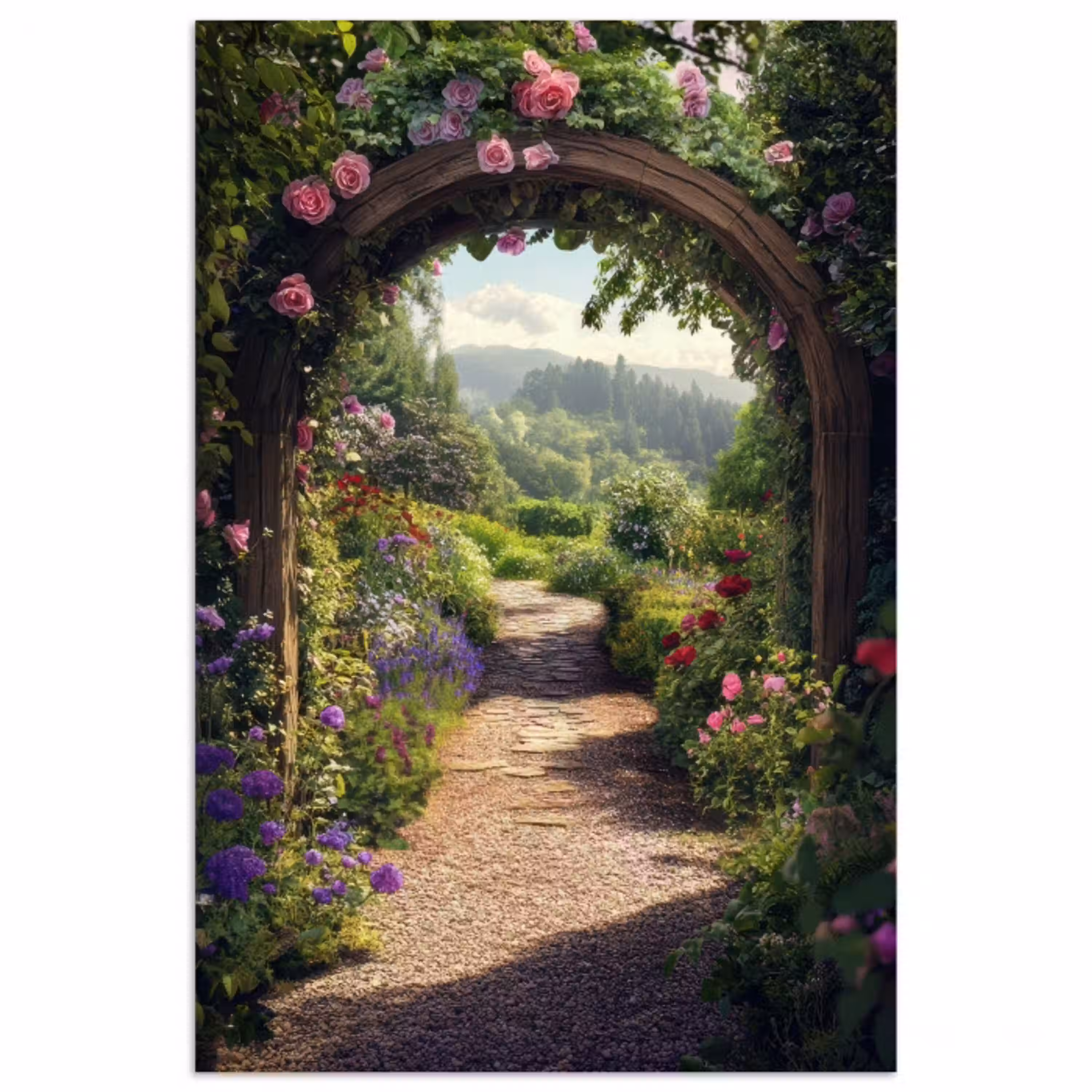 Doorkijk - Landschap - Bloemen - Rozenboog - Natuur poster papier klein -3d