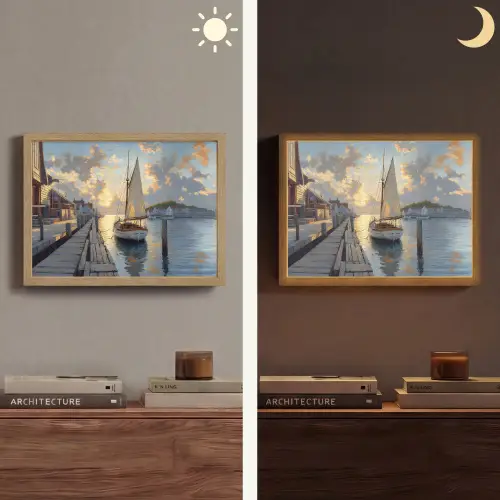 Zeilboot - Zon - Pier - Hout Light Box met batterij (Wandlamp) middel -sfeer3