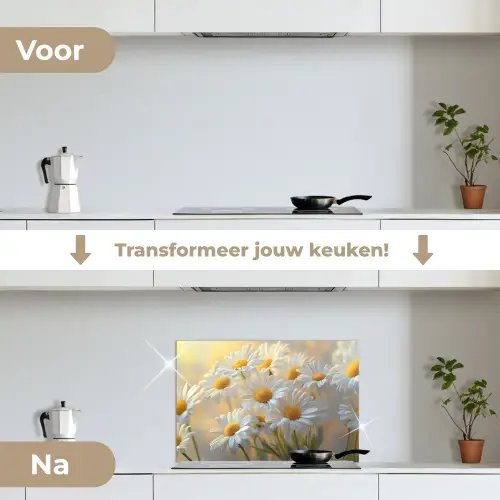 Madeliefjes - Wit - Zonlicht keuken achterwand spatscherm klein -voor_na_NL