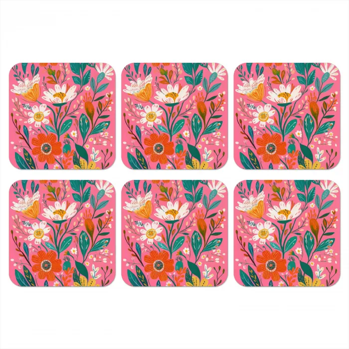 Roze - Bloemen - Wit - Oranje onderzetter kurk middel -3d