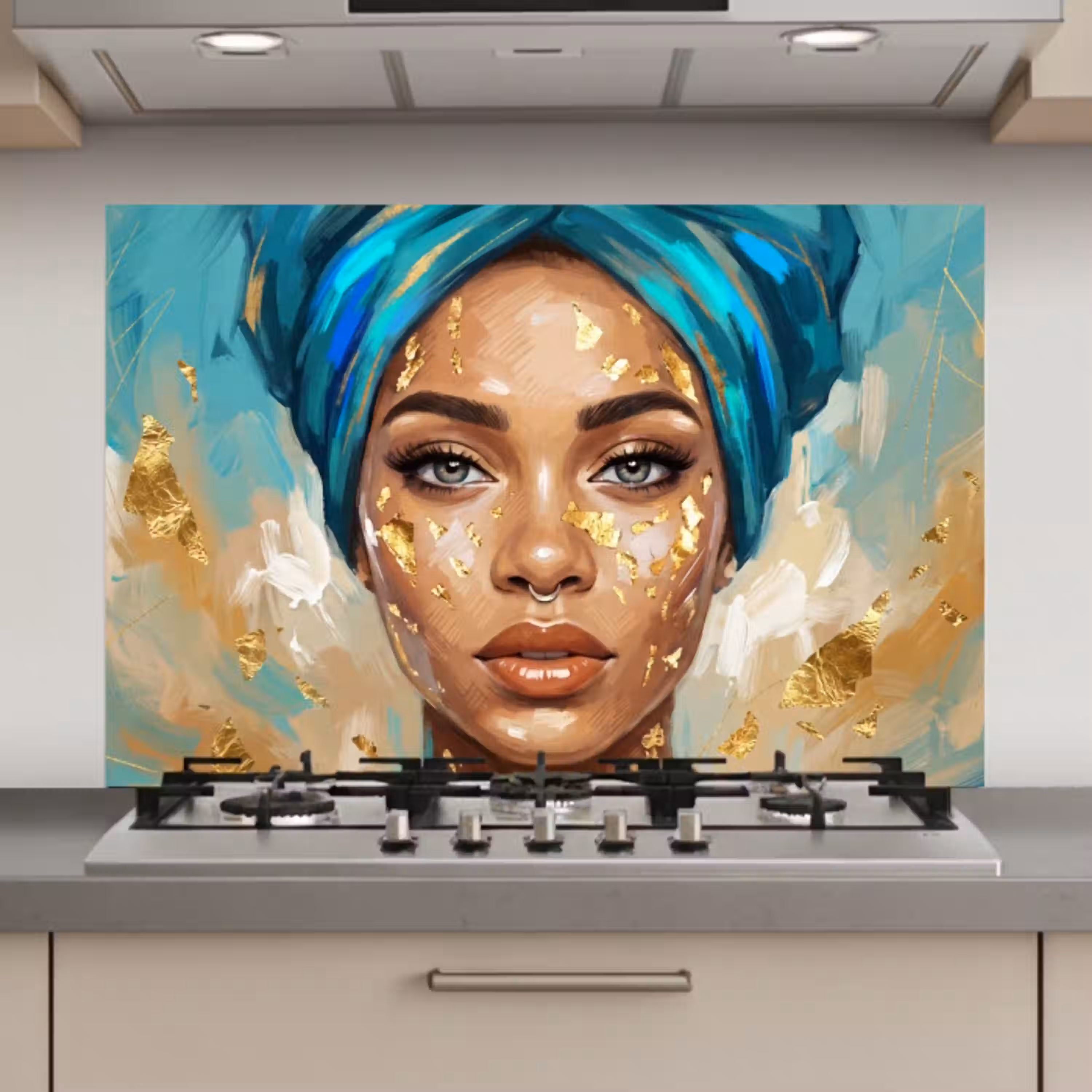 Portret - Vrouw - Schilderij - Blauw - Goud - Expressief keuken achterwand spatscherm klein -3d_website