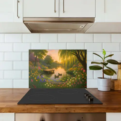 Eenden - Vijver - Bloemen keuken achterwand spatscherm klein -sfeer2