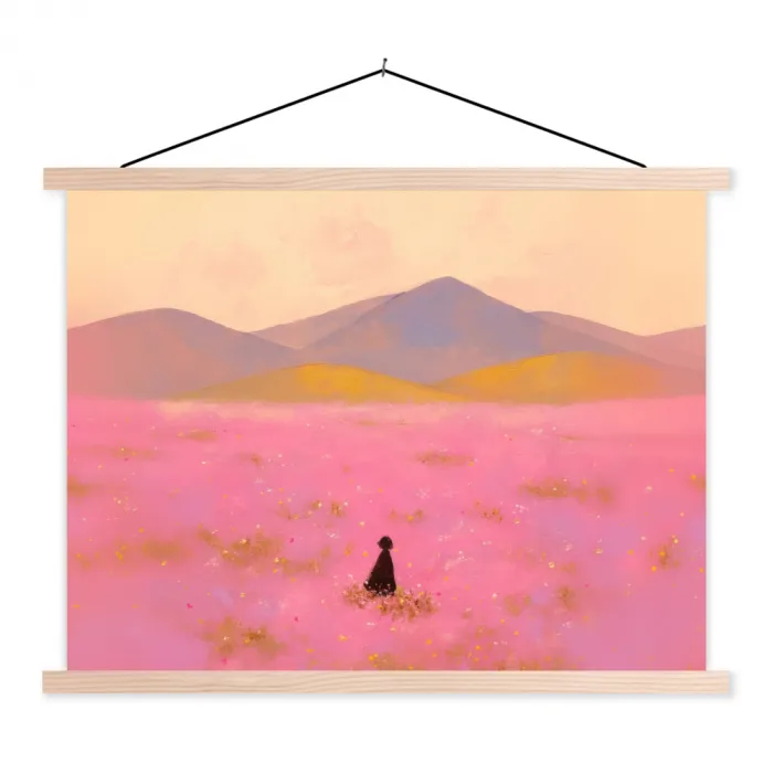 Bloemenweide - Heuvels - Silhouet - Roze textielposter latten blank klein -3d