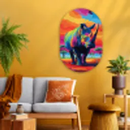 Neushoorn - Zonsondergang - Savanna - Kleurrijk Wandcirkel Ovaal Glas middel -sfeer4