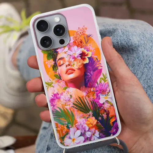Vrouw - Abstract - Cirkel - Bloemen Hoesje iPhone 16 Pro Max met koord klein -sfeer3