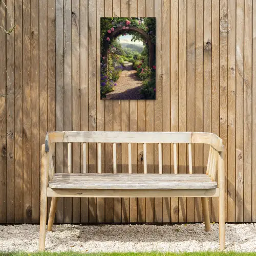 Doorkijk - Landschap - Bloemen - Rozenboog - Natuur Tuinposter op houten frame 2 cm dik klein -sfeer4
