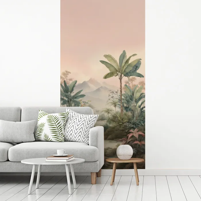 Tropisch landschap - palmbomen - Bloemen - Roze lucht fotobehang vinyl groot -woonkamer