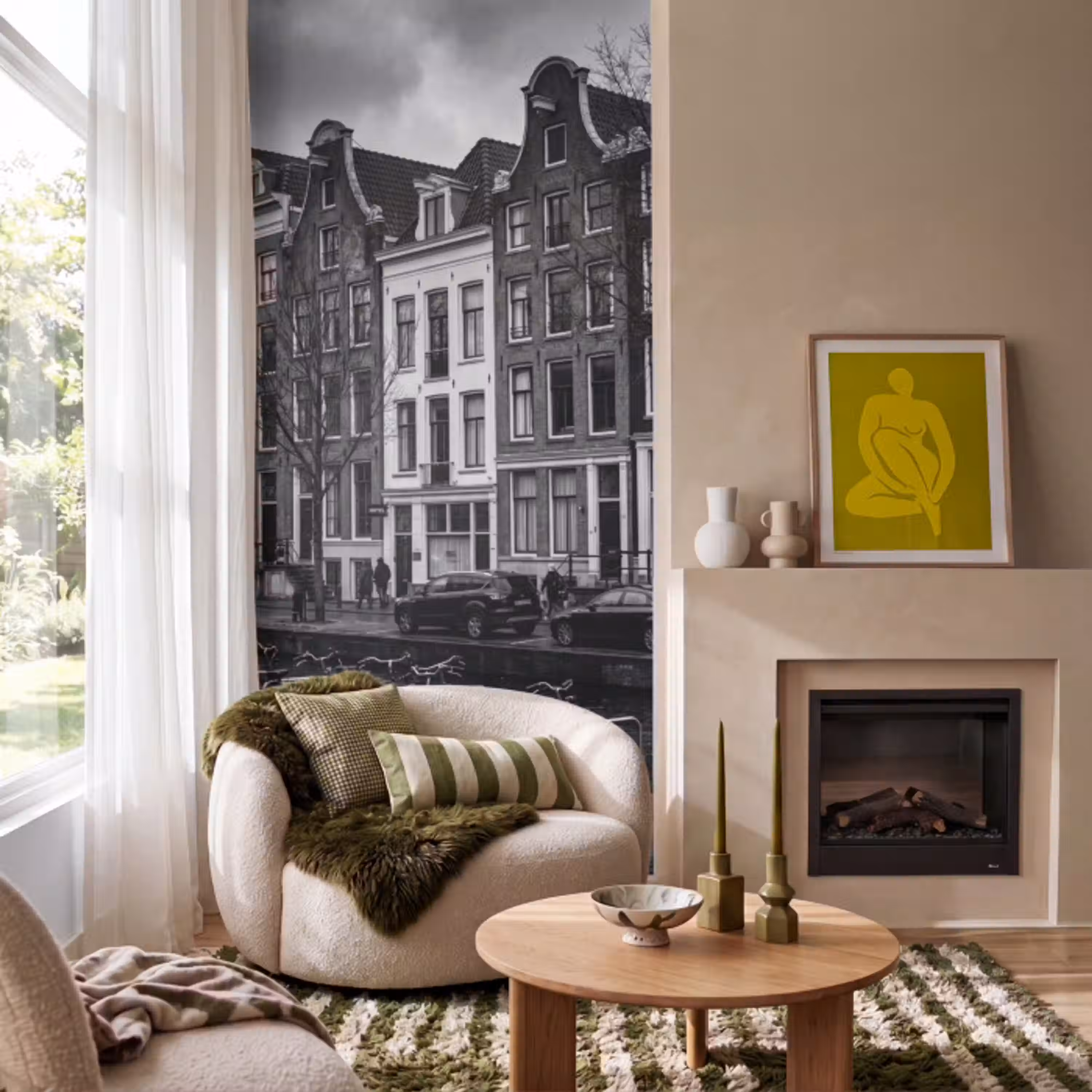 Huis - Gracht - Amsterdam - Architectuur - Zwart-wit Behang Vlies klein -sfeer2