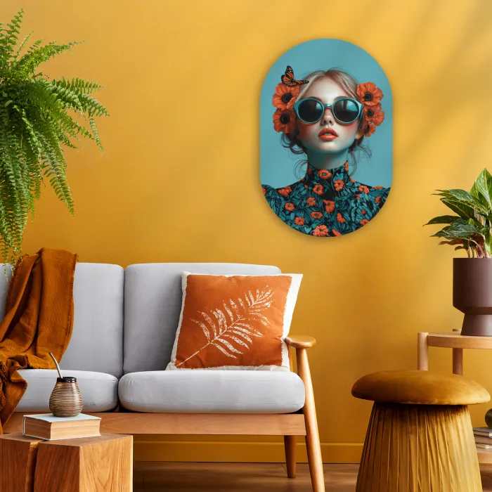 Vrouw - Blauw - Vlinder - Bloemen - Aesthetic Wandcirkel Ovaal Forex klein -sfeer4
