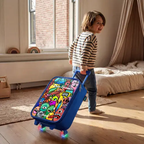Expressief en druk patroon met monsters Kinderkoffer - Blauw klein -sfeer1