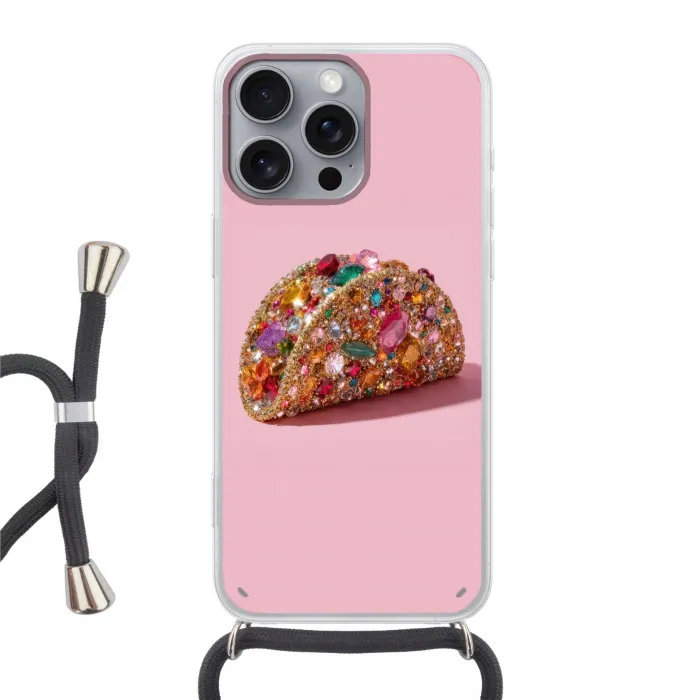 Taco - Kleurrijk - Edelstenen - Goud Hoesje iPhone 16 Pro Max met koord klein -3d