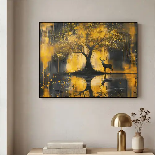 Boom - Verflook - Hert - Natuur - Goud Textielframe zwart klein -sfeer2