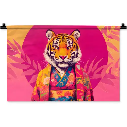 Tijger - Kimono - Planten - Roze Wandkleed katoen klein -zz3d