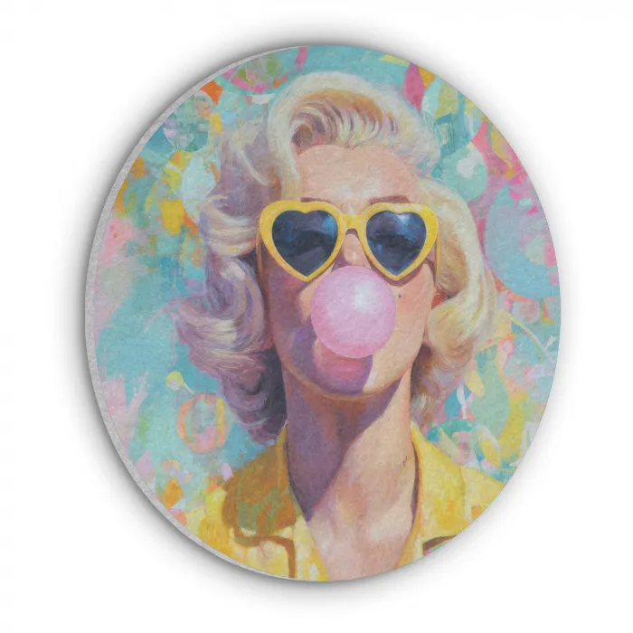 Vrouw - Blond - Roze kauwgom - Kleurrijk - Pastel Akoestische PET Vilt - Rond klein -3d