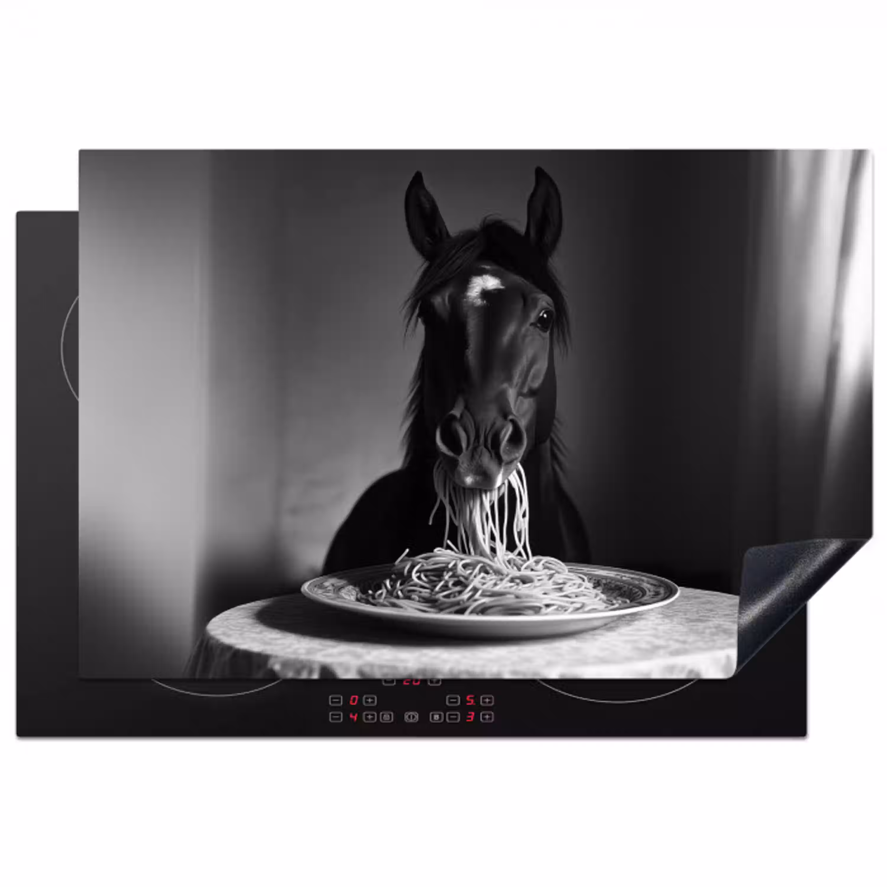Paard - Bord - Pasta - Tafelkleed - Zwart Wit - Dieren Inductie beschermer vinyl 3mm klein -3d