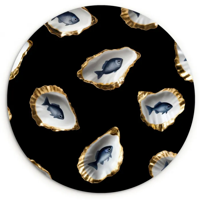 Oesters - Vissen - Blauw - Goud Wandcirkel kunststof plaat 5mm dik klein -3d