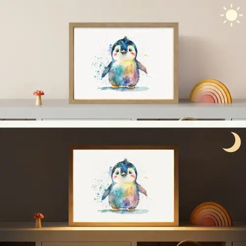 Pinguïn - Regenboog - Waterverf - Dieren - Kinderen Light Box met batterij (Wandlamp kind) middel -sfeer3_kind