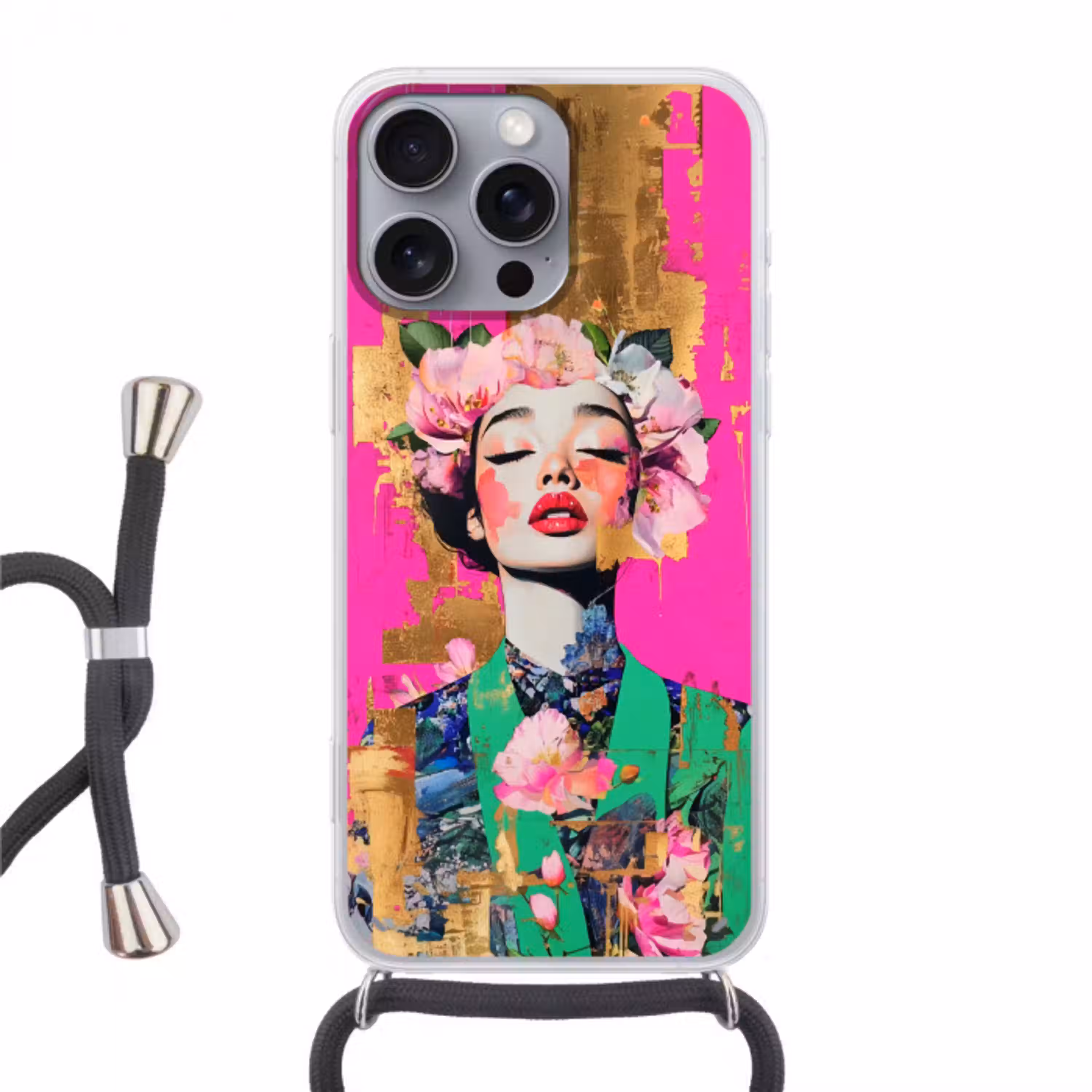 Bloemenkroon - Goud - Vrouw - Portret Hoesje iPhone 16 Pro Max met koord klein -3d