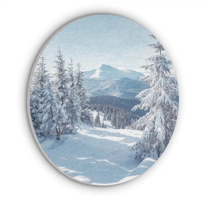 Winterlandschap - Natuur - Berg - Bomen - Sneeuw Akoestische PET Vilt - Rond klein -3d