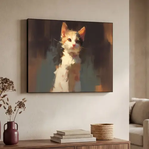 Kat - Geschilderd - Artistiek - Wit Textielframe zwart klein -sfeer3