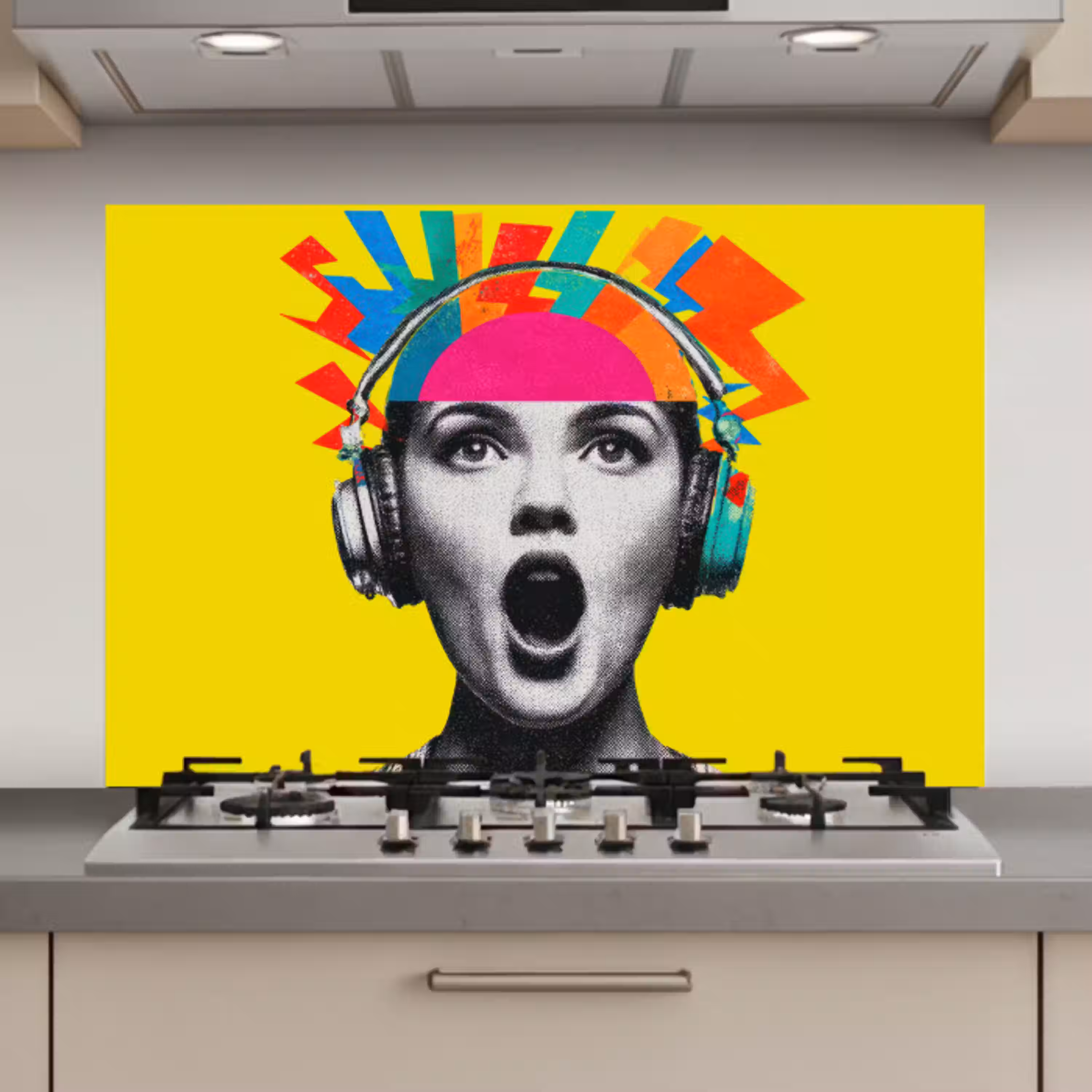 Vrouw - Koptelefoon - Geel keuken achterwand spatscherm klein -3d_website