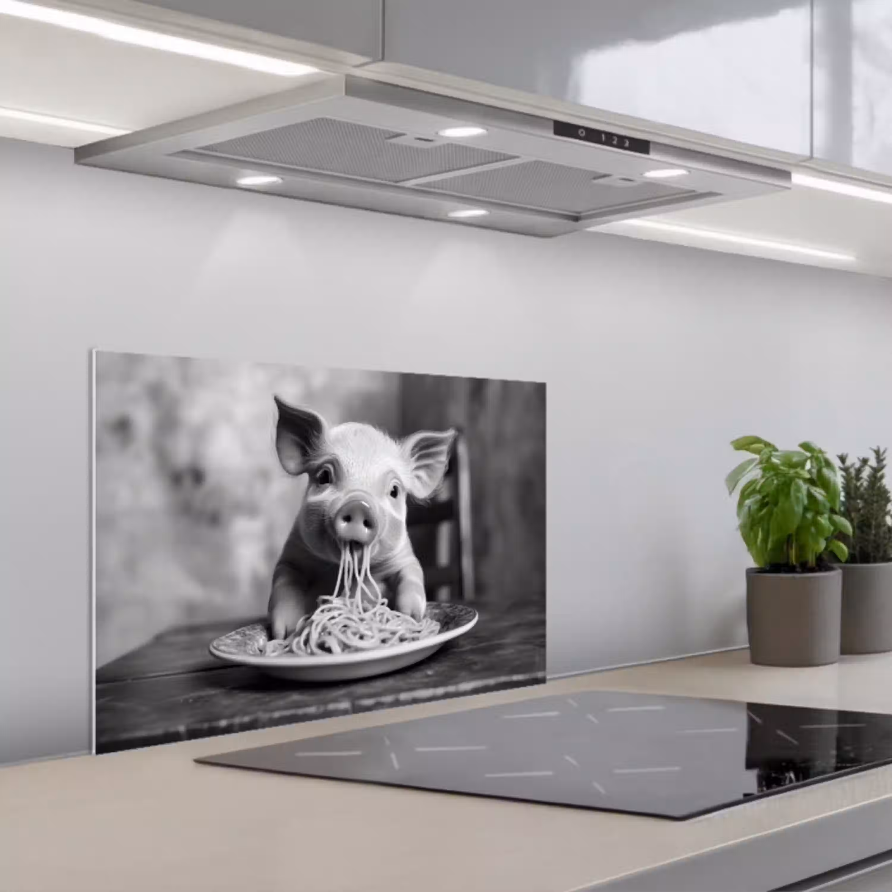 Varken - Schattig - Spaghetti - Zwart wit - Dier keuken achterwand spatscherm klein -3d_schuin