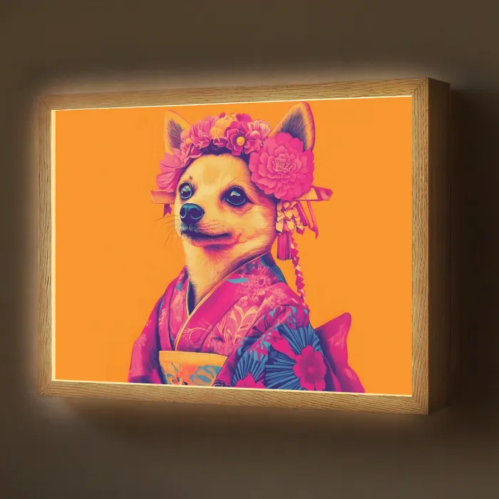 Kimono - Hondje - Bloemenkroon - Oranje Light Box met batterij (Wandlamp) middel -z3d_website