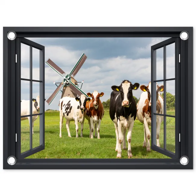 Uitzicht op Koeien en Windmolen tuinposter los doek klein -3d