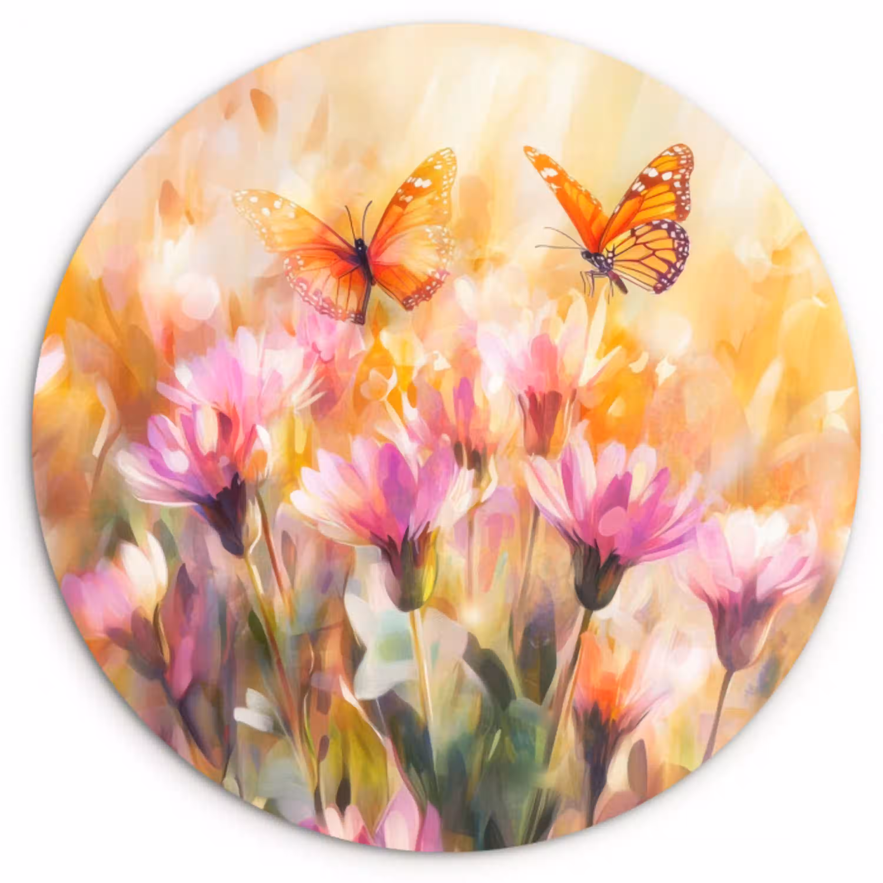 Vlinders - Oranje - Bloemen Wandcirkel kunststof plaat 5mm dik klein -3d