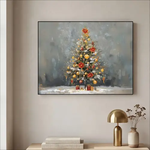 Kerstboom - Cadeaus - Rood - Goud Textielframe zwart klein -sfeer2