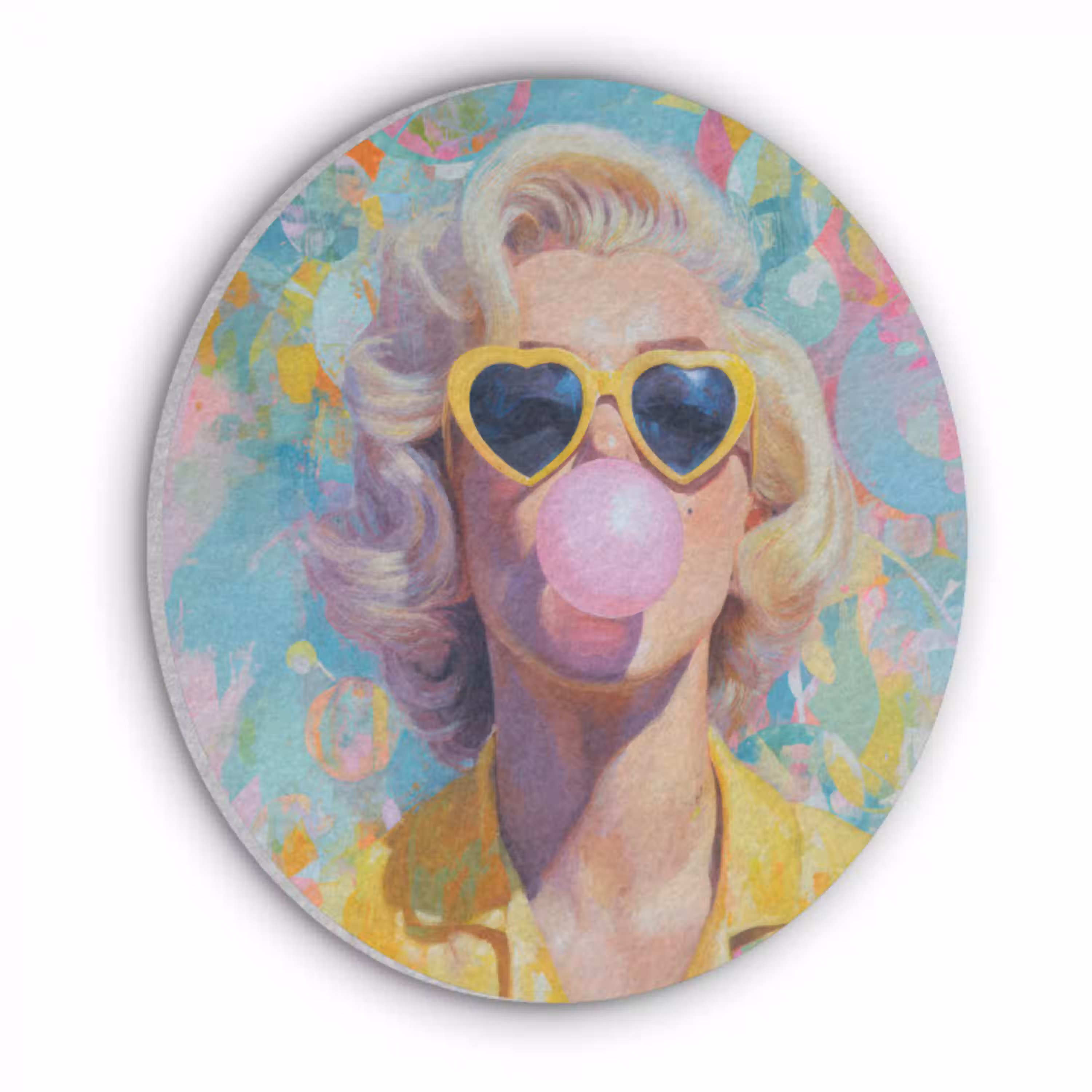 Vrouw - Blond - Roze kauwgom - Kleurrijk - Pastel Akoestische PET Vilt - Rond klein -3d