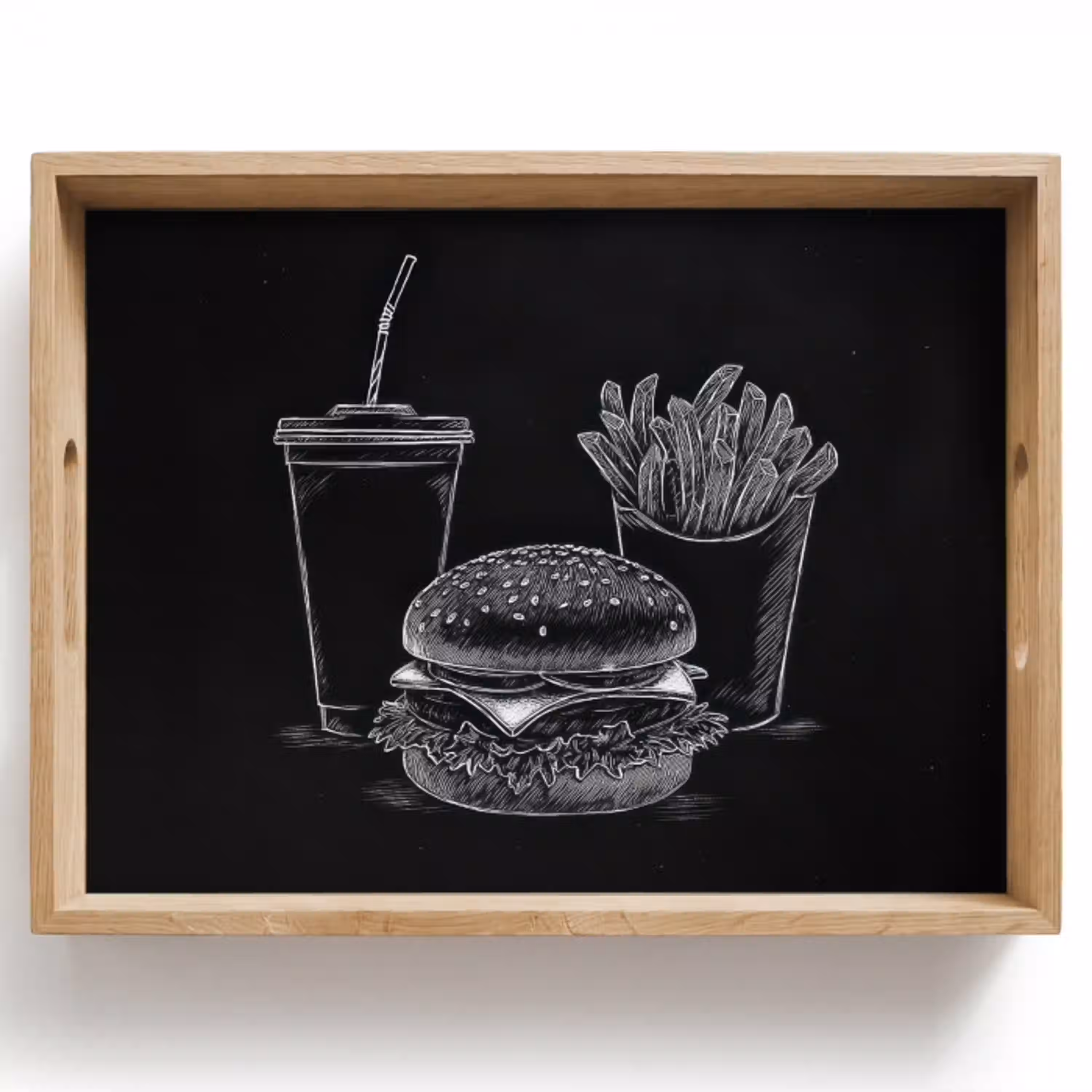 Hamburger - Friet - Frisdrank - Krijttekening Dienblad Rechthoek middel -z3d_shopping