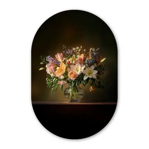 Glazen - Bloemen - Boeket - Kleuren Wandcirkel Ovaal Glas middel -3d