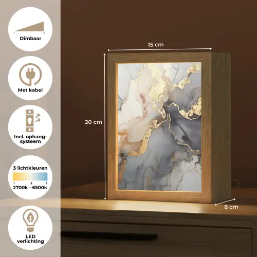 Marmer - Zwart - Goud - Wit Light Box met kabel (Tafellamp) klein -USP_NL
