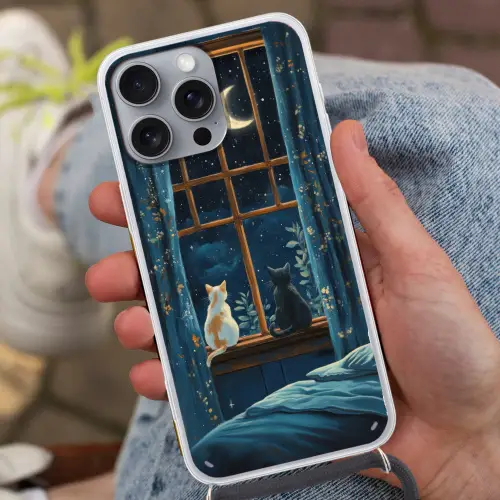Kat - Sterrenhemel - Blauw Hoesje iPhone 16 Pro Max met koord klein -sfeer3