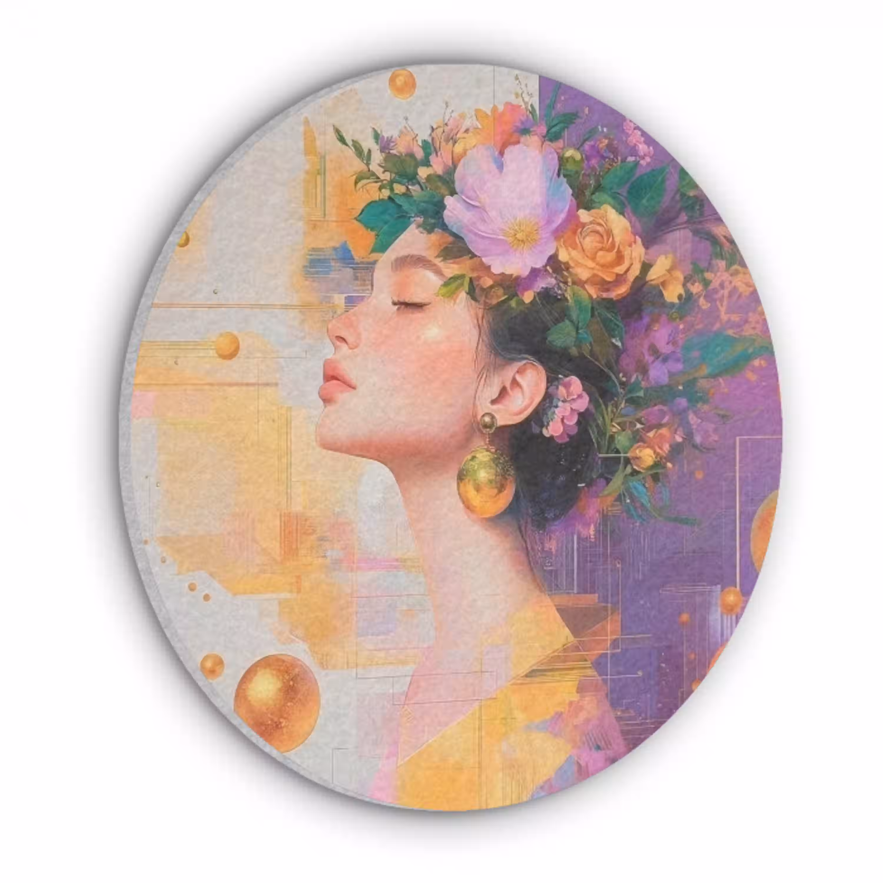 Abstract - Vrouw - Bloemenkroon - Goud Akoestische PET Vilt - Rond klein -3d