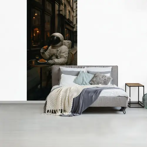 Café - Croissant - Koffie - Astronaut fotobehang vinyl groot -slaapkamer